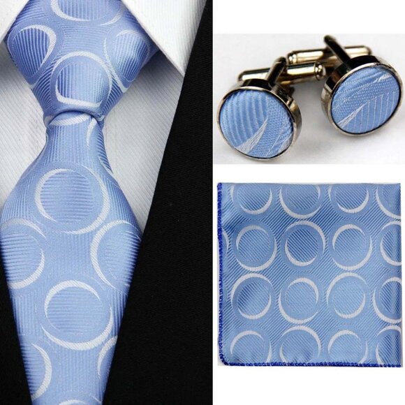 NEW Blue White Lines Circles Stripes Tie Cufflink Hanky Set - Picture 1 of 1